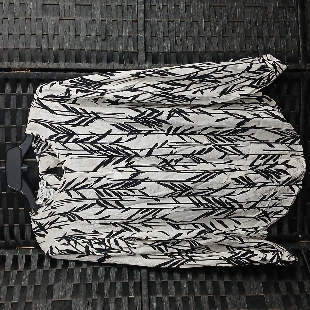 Vintage Hana Sung Black And White Bamboo Blouse 100% Silk Sz 14